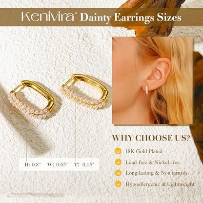 Kenivira Gold Pearl Hoop Earrings for Women | 18K Gold Huggie Dangle Earrings | Lightweight Small Hoop Earrings - color: Pearl & Rectangle