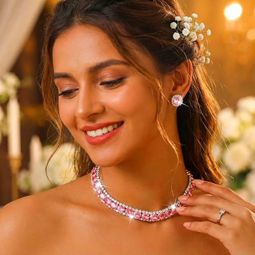 CLOACE Rhinestone Bridal Wedding Jewelry Set Sparkly Chocker Necklaces Earrings Prom Jewelry Accessories for Women - color: Pink