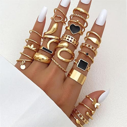 HUASAI Gold Stackable Rings Set for Women Boho Dainty Moon Star Pearl Leaf Cubic Zirconia Heart Midi Pinky Trendy Jewelry Birthday Gifts - color: B13 Gold Rings 27 Pcs