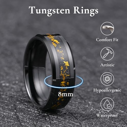 King Will Mens Wedding Band with Foils Inlay, Black/Silver/Gold Beveled Edge Glowstone Ring, 6mm/8mm Tungsten Carbide Rings Comfort Fit - color: Black&Colorful Gold-8mm