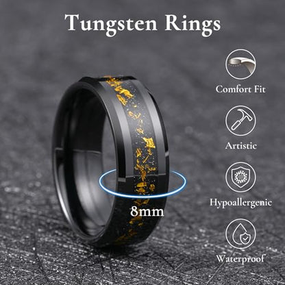 King Will Mens Wedding Band with Foils Inlay, Black/Silver/Gold Beveled Edge Glowstone Ring, 6mm/8mm Tungsten Carbide Rings Comfort Fit - color: Black&Colorful Gold-8mm