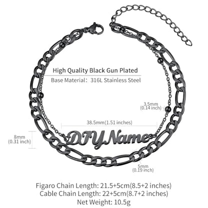 ChainsHouse Double Layer Anklet Bracelet for Women,Adjustable Chain Anklets Stackable Dainty Anklets,Stainless Steel/Gold Plated/Black Ankle Jewelry Gifts - color: C-Black-Figaro Chain