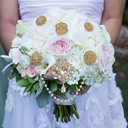 Yhsheen Rhinestone Brooches Crystal Brooch Pins, Pearl Crystal Wedding Bouquet kit Set (Gold-14pcs)… - color: Gold-14pcs