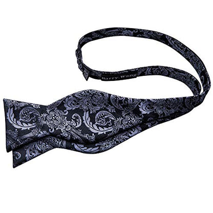 YOHOWA Bow Ties for Men Self-tied Silk Bowtie Solid Color with Lapel Pin and Handkerchief Cufflinks for Wedding Party Prom - color: Black Grey
