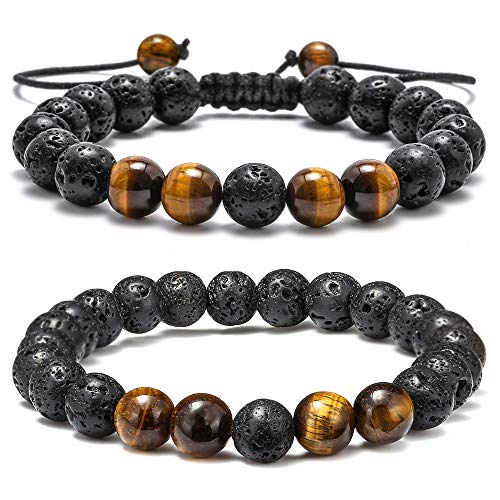 M MOOHAM Mens Bracelet - Beaded Natural Stone 8mm Tiger Eye Matte Agate Lava Rock Bracelets for Men Teen Boys Grandpa Dad Birthday Gifts Jewelry - style: Lava Rock&Yellow Tiger Eye Bracelets
