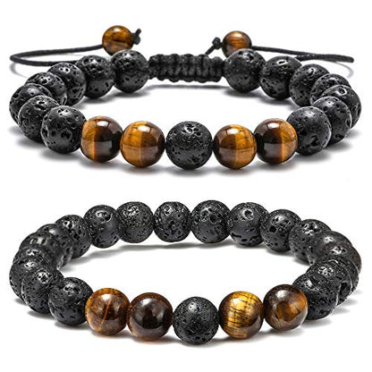 M MOOHAM Mens Bracelet - Beaded Natural Stone 8mm Tiger Eye Matte Agate Lava Rock Bracelets for Men Teen Boys Grandpa Dad Birthday Gifts Jewelry - style: Lava Rock&Yellow Tiger Eye Bracelets