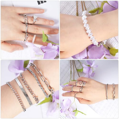 Gold/Silver Jewelry Set for Women Layered Bracelets Ball Dangle Hoop Earrings Stackable Knuckle Rings Set Dainty Adjustable Necklaces Valentine Anniversary Trendy Party Costume Accessories Jewelry - style: Classic