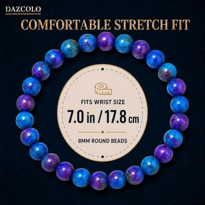 8mm Natural Crystal Stretch Bracelet | Handmade Round Stone Bead Bracelet, Runs Large, Meditation Yoga Gift for Women & Men - color: Multi Azurite
