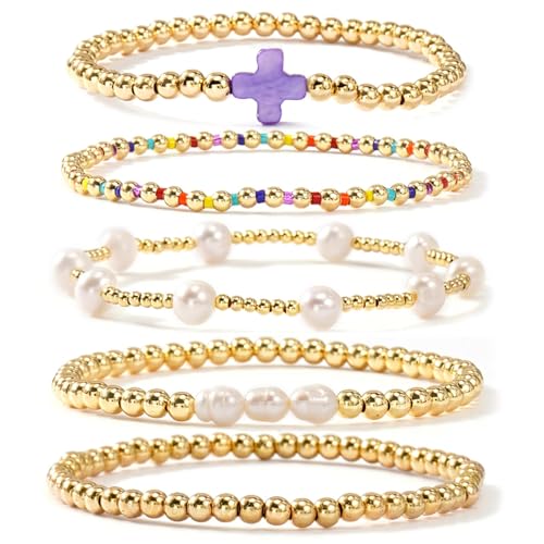 Gold Bracelets for Women, Beaded Cross Stack, Non Tarnish Set，Set-1 | Gold Beaded Bracelet Stack with Stretch Fit, Waterproof Finish and Dainty Design for Everyday Wear and Gifts - color: Colors-5