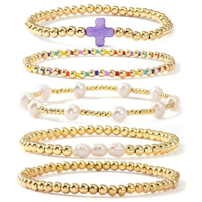 Gold Bracelets for Women, Beaded Cross Stack, Non Tarnish Set，Set-1 | Gold Beaded Bracelet Stack with Stretch Fit, Waterproof Finish and Dainty Design for Everyday Wear and Gifts - color: Colors-5