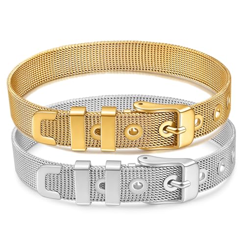 JAJAFOOK 2PCS Stainless Steel Mesh Belt Buckle Bracelet Set, Silver & Gold Tone Adjustable Wire Bangle, Modern Designer Cuff for Men and Women