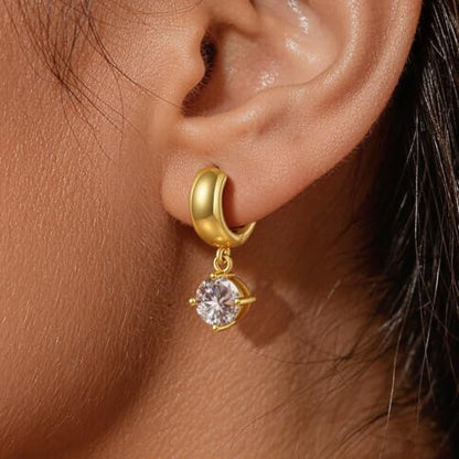 Chunky Gold Huggie Cz Dangle Earrings for Women | Hoop Huggies Dangly, Cubic Zirconia Drop Earring, Diamond Crystal Charm, Statement Dangling Earrings, Jewelry Gifts - color: Gold-Cz