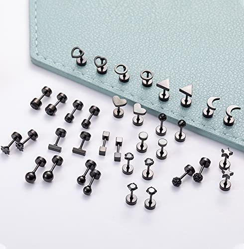 18Pairs 20G 18G Stainless Steel Tiny Stud Earrings for Women Cartilage Helix Earrings Ball Star CZ Earrings - color: Black, size: 18G