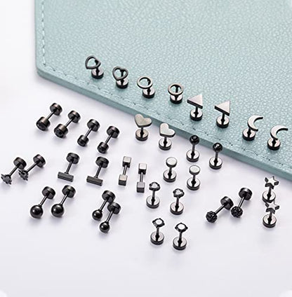 18Pairs 20G 18G Stainless Steel Tiny Stud Earrings for Women Cartilage Helix Earrings Ball Star CZ Earrings - color: Black, size: 18G