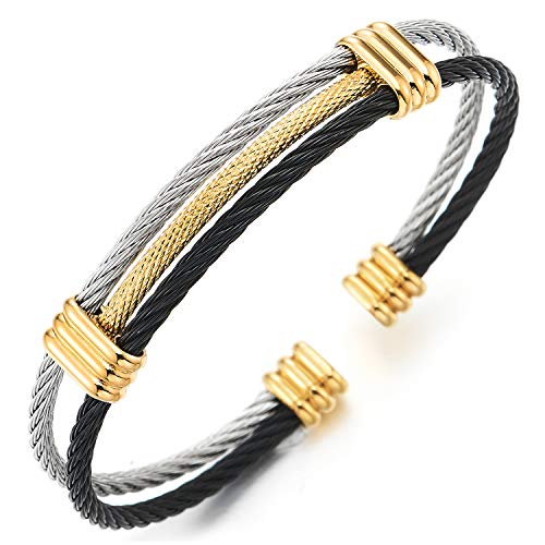 COOLSTEELANDBEYOND Men Women Stainless Steel Twisted Cable Adjustable Cuff Bangle Bracelet - color: G-Metal Color: Silver & Black & Gold