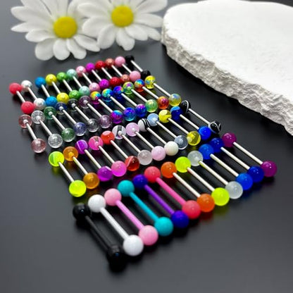 48Pcs 14G Surgical Stainless Steel Tongue Rings Tongue Piercing Jewelry | Straight Tongue Barbells Bars for Women Glow in Dark Candy Cute Color Tongue Ring 16mm