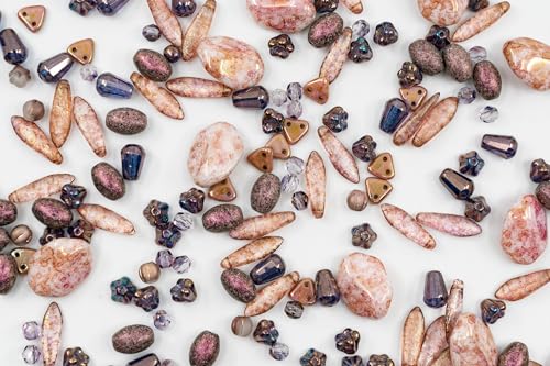 2.1oz (60 g) Mix of Unique Czech Bohemia Glass Pressed Beads, Matte and Glossy, Hand Made, Antique Copper Pink - color: Antique Copper Pink