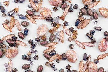 2.1oz (60 g) Mix of Unique Czech Bohemia Glass Pressed Beads, Matte and Glossy, Hand Made, Antique Copper Pink - color: Antique Copper Pink