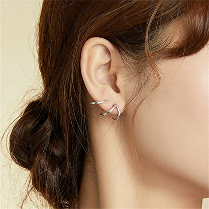 925 Sterling Silver Double Illusion Claw Trendy Stud Earrings for Women - color: Simple Line Earrings