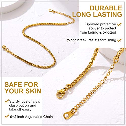 Adjustbale Link Chain Anklet for Women Summer Jewelry, 316L Stainless Steel Figaro/Wheat/Twist Rope/Cuban Foot Bracelet-Waterproof, Resizable 9"-12" (Gift Box Included) - color: 4, Wheat - Gold