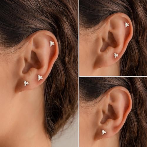Flat Back Earrings for Women Cartilage Helix | Comfortable Dainty Cute Dragon Bee Bird Phoenix Dragonfly Cute Animal Leaf Spiral Rhombus Design Flatback Stud Earrings - color: Silver Hummingbird