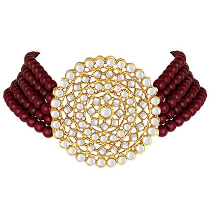 Aheli Pearl Diamond Choker Necklace & Round Earrings Gift for Women Indian Traditional Bollywood Fashion Bharatanatyam jewellery set - color: Maroon 3