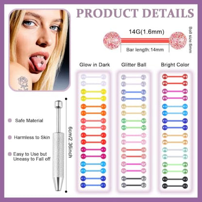 48Pcs 14G Glow in Dark Acrylic Straight Tongue piercing for Women | Candy Color Tongue Piercing Jewelry,Flexible Ring Barbell,14mm Bar Tongue Rings Piercing Ball Grabber Set - style: AA