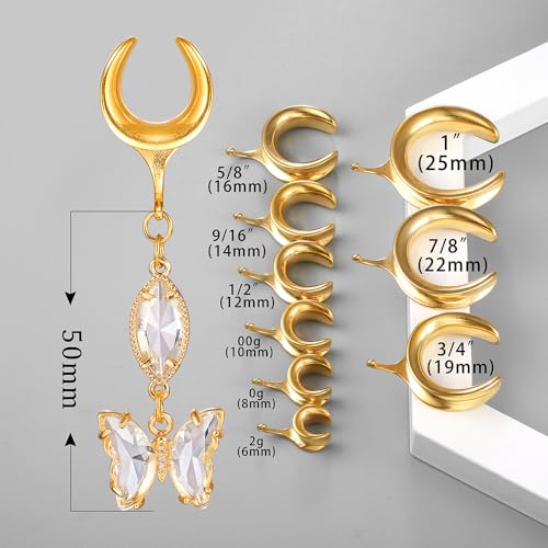 1 Pair Saddle Gauges Earring with Green Crystal Stone Ear Dangle Plugs Tunnels 00G 6mm-25mm (0G-1") Body Piercing Jewelry - color: Gold-1613, size: 6 mm