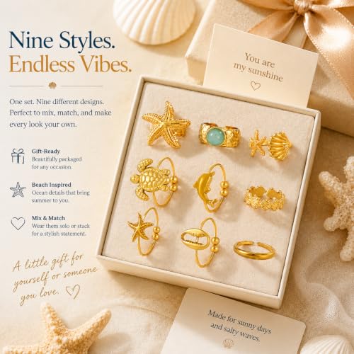 9Pcs Gold Toe Rings for Women Non Tarnish 18K Gold Plated Stainless Steel Toe Rings Adjustable Starfish Shell Ring Summer Beach Waterproof Foot Jewelry