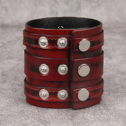 Jeilwiy Punk Leather Wristbands for Men Bracelets Handmade Wide Cuff Bangle Braided Jewelry Black Brown Adjustable - Punk Father's Gifts - color: Red Leather Cuff Bracelet