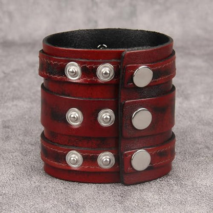 Jeilwiy Punk Leather Wristbands for Men Bracelets Handmade Wide Cuff Bangle Braided Jewelry Black Brown Adjustable - Punk Father's Gifts - color: Red Leather Cuff Bracelet