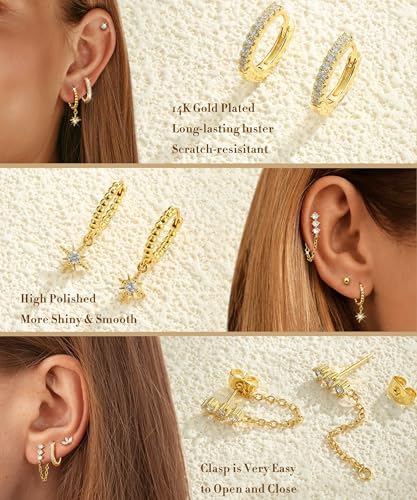 3 Pairs Dangle Hoop Chain Earrings Stacks for Women Trendy Huggie Earring | Non-Tarnish 5A CZ Stones Hoops Earrings Set for Multiple Piercing - style: 14K Gold Plated-Dangle Star Set