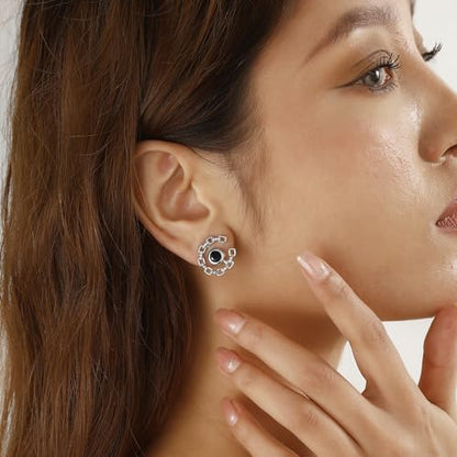 Elegant C-Shaped Crystal Stud Earrings with Birthstone Earring Silver Plated Fashion Jewelry for Women CE0003 - color: Black