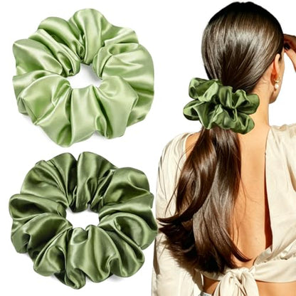 2 PCS Green Jumbo Satin Silky Scrunchies 6.5 Inches Oversized Scrunchie Extra Large Big Hair Ties Ponytail Holder for Thick Curly Hair Women (Sage, Olive Green) - color: Sage, Olive Green