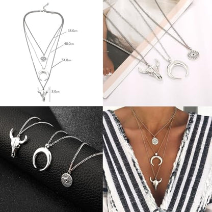 Western Jewelry Sets for Women Boho Jewelry, Layer Bohemian Necklace Earrings Bracelet, Cowgirl Accessory Rodeo Summer Beach - color: Silver, Brown