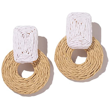 Statement Raffia Earrings Cute Boho Earrings Rattan Dangle Earrings Handmade Straw Wrap Earrings Summer Drop Dangling Earrings for Women Teen Girls - color: White/Nature
