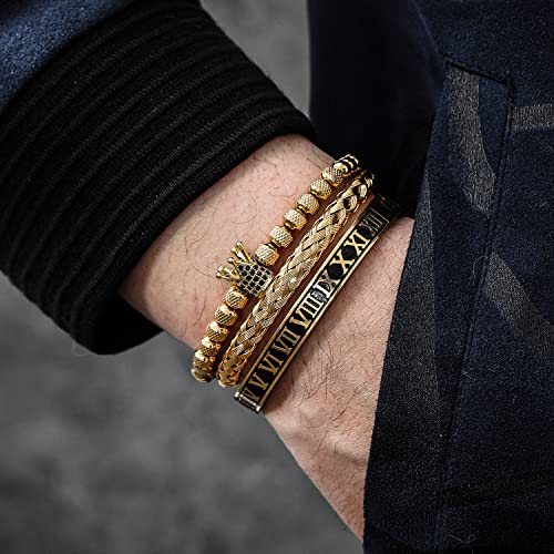 WFYOU 3PCS Stainless Steel Imperial Crown Bracelets for Men Gold Roman Numeral Bangle Bracelet Adjustable Cuff Bracelet Mens Luxury Jewelry Gifts - style: 02:Gold-Roman Numeral