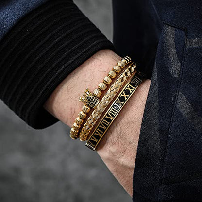 WFYOU 3PCS Stainless Steel Imperial Crown Bracelets for Men Gold Roman Numeral Bangle Bracelet Adjustable Cuff Bracelet Mens Luxury Jewelry Gifts - style: 02:Gold-Roman Numeral