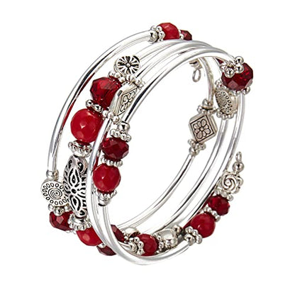 FULU AUTUMN Stackable Beaded Bracelets for Women Boho Wrap Silver Bracelet Layered Fashion Jewelry Gifts for Her - color: Red