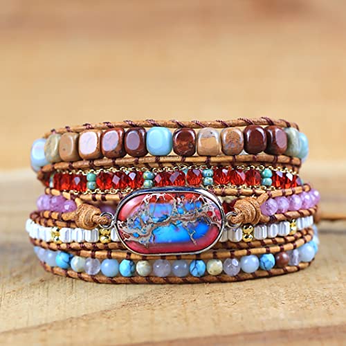 Women Wrap Bracelet Boho Natural Jasper Crystal Stone Beads Strand Bracelets - color: Style 12-Emperor Stone
