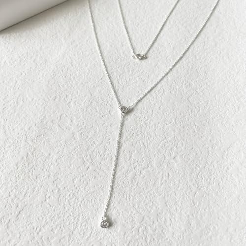 LULII Gold Necklace for Women Trendy Lariat Y Necklace Dainty 14k Gold Plated/Silver Long Necklaces for Women Layered Beaded Drop Necklaces Simple Y-Shaped Chain Jewelry Gifts - color: Y Layered CZ Necklace-Silver