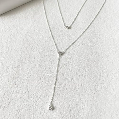 LULII Gold Necklace for Women Trendy Lariat Y Necklace Dainty 14k Gold Plated/Silver Long Necklaces for Women Layered Beaded Drop Necklaces Simple Y-Shaped Chain Jewelry Gifts - color: Y Layered CZ Necklace-Silver