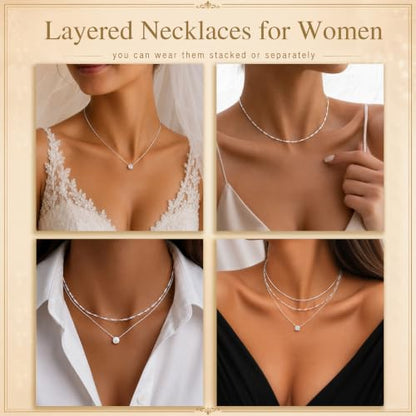 Layered Dainty Necklaces for Women Set, 14K Gold Silver Plated Choker Chain Simple Pendant Necklace Stackable, Trendy Prom Jewelry Gifts for Women - color: Diamond5-Silver