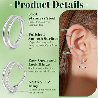 Cartilage Hoop Earrings 16G Surgical Steel Conch piercing jewelry | 4Pcs,8mm/10mm/12mm, Stacked Clicker, Double Hoop, Tragus Helix Piercing Jewelry - color: Silver, size: 12mm