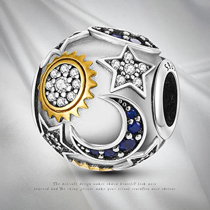 Pandach 925 Sterling Silver Charms for Bracelet&Necklace Dangle Pendant Bead with 5A Cubic Zirconia Stones,Jewelry Beads Gifts for Women - style: Bead Charm Moon Sun Star
