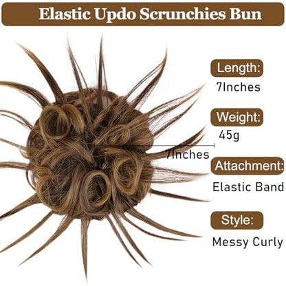 HMD Tousled Updo Messy Bun Hair Piece for Women Synthetic Hair Extension | Messy Bun Hair Piece with Elastic Scrunchie Synthetic Tousled Updos Ponytail Hairstyles for Daily Wear - color: Brown Mixed Blonde