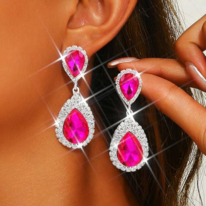 Unicra Silver Rhinestone Teardrop Earrings Crystal Wedding Bridal Dangle Earrings Prom Drop Earrings for Women and Brides - color: Hot Red