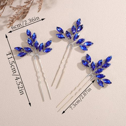 Teyglen 3pcs Bridal Crystal Hair Pins Rhinestones Hair Pieces Simple Crystal Wedding Hair Accessories Handmade Hair Pins for Women Bride (Blue) - color: Blue