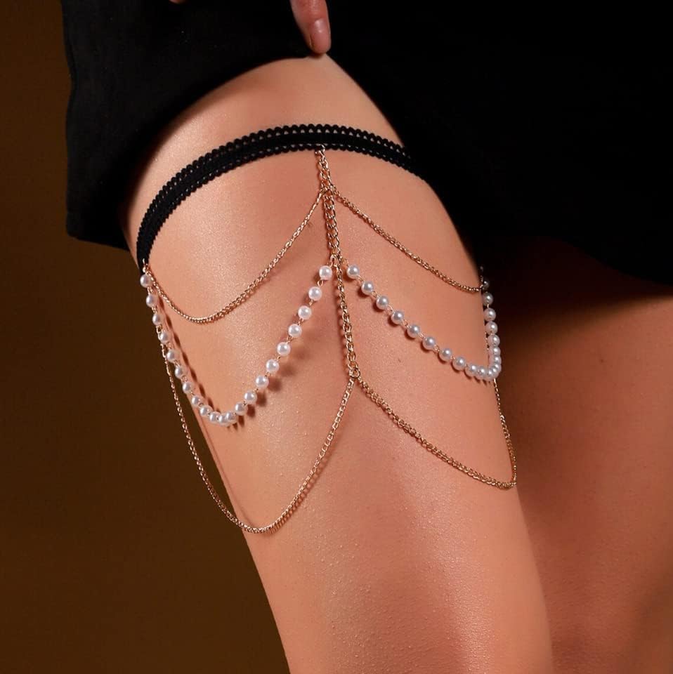Snake Thigh Chain for Women, Medusa Serpent Garter Leg Jewelry, Gothic Leg Accessories for Halloween Costume, Festival Fashion - style: X Gold Pearl Bead Thigh Chain