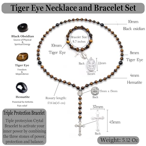 Rosary for Men Women, Natural Stone Beads with St. Benedict Bracelet | 8 mm Natural Stone Prayer Beads with 10 mm Accent Beads, St. Benedict Crucifix, Matching Bracelet, Gift Box and Pouch. - color: Tiger Eye